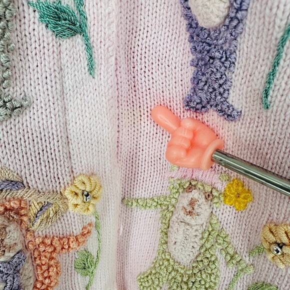 Vintage Storybook Knits L Monkey Bear Short Sleeve Cardigan Sweater Floral - Picture 7 of 13